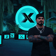 a man with his arms crossed stands in front of a blue circle with an x on it