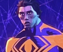 a cartoon of a man in a blue and yellow superhero costume with a spider on his chest .