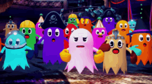 a group of cartoon ghosts wearing hats with skulls and crossbones