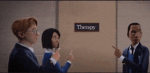 a group of cartoon characters are standing in front of a door that says therapy .