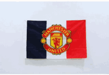 a manchester united flag with a red , white and blue flag on a white background .