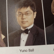 a picture of a man in a tuxedo with the name yuno ball on the bottom