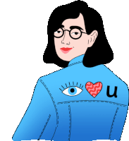 a drawing of a woman wearing a blue jacket with a heart and the letter u on it