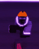 a robot with an orange helmet is flying through the air in a dark room .