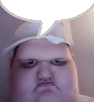 a man wearing a hat has a speech bubble over his head