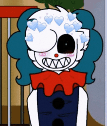 a cartoon of a clown with hearts on his eyes