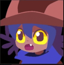 a cartoon character with blue hair and yellow eyes is wearing a brown hat .