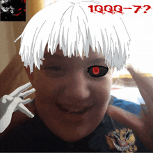 a drawing of a boy with a red eye and the number 1000-7-7 on the bottom