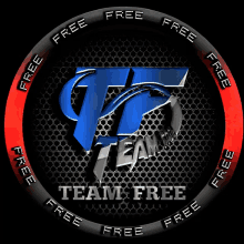 a logo for team free with a blue letter t on a black background