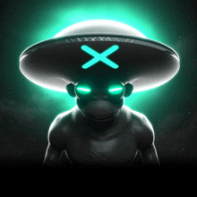 a monkey wearing a ufo hat with a blue x on it