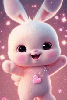 a cute pink bunny with a pink heart on its chest is standing in the air .