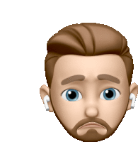 a man with a beard and ear buds has a sad expression on his face