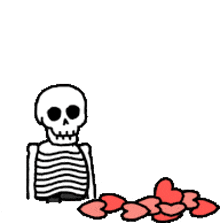 a skeleton standing next to a pile of hearts .