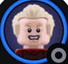 a lego man with blonde hair and a red shirt is in a blue circle .