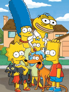 a cartoon of the simpsons standing in front of their house