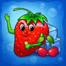 a cartoon illustration of a strawberry with green arms and a cherry