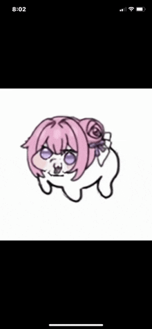 a drawing of a dog with pink hair and purple eyes