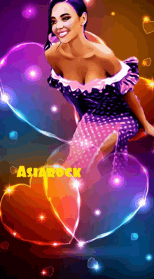 a woman in a polka dot dress is surrounded by glowing hearts and the words asiarock on the bottom