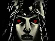 a black and white painting of a woman 's face with red eyes and dreadlocks .