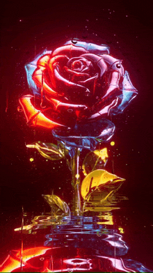 a colorful rose is floating in the water with drops of water coming out of it