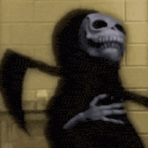 a grim reaper with a scythe is standing in front of a yellow brick wall .