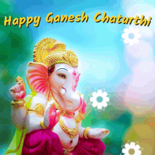 a picture of a statue of ganesha with the words happy ganesh chaturthi above it