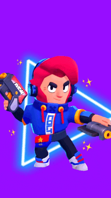 a cartoon character holding a gun and a box that says ' new ' on it