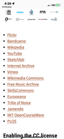 a phone screen shows a list of websites including flickr bandcamp wikipedia youtube sketchfab internet archive and vimeo