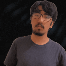 a man with glasses and a beard is wearing a blue t-shirt