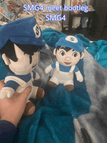 smg4 meet bootleg smg4 stuffed toys on a blanket