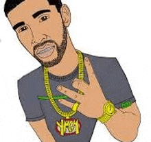 a cartoon drawing of a man with a beard wearing a watch and a necklace .