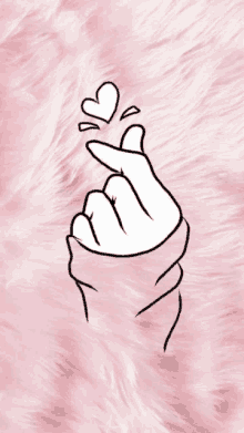 a drawing of a hand making a heart sign with its fingers on a pink background .