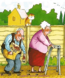 a cartoon of a man carrying a bag of bulbs next to an elderly woman using a walker