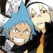 a cartoon character with a blue star on his head is standing next to another character