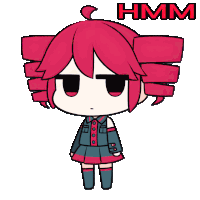 a cartoon drawing of a girl with red hair and the word hmm above her