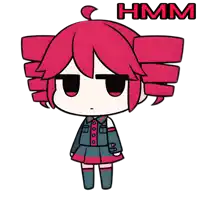 a cartoon drawing of a girl with red hair and the word hmm above her