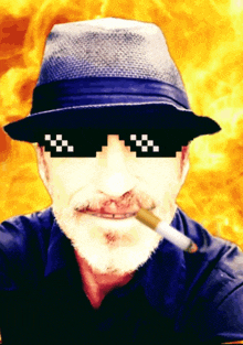 a man wearing a hat and sunglasses with a cigarette in his mouth