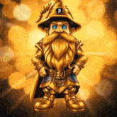 a gnome with a beard and blue eyes is wearing a gold hat