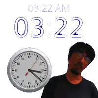 a man stands in front of a wall clock that says 3:22 am