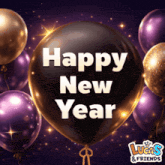 a black balloon with the words " happy new year " on it