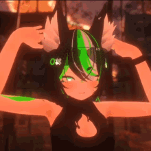 a 3d anime character with green hair and sunglasses has 123 on her head