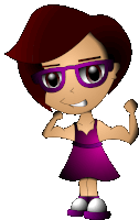 a cartoon girl with glasses and a purple dress flexes her muscles