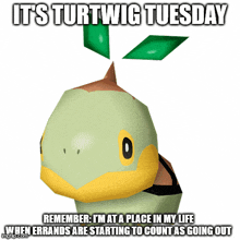 a cartoon turtle says it 's turtwig tuesday and has a green leaf coming out of its head