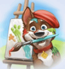 a dog is holding a brush in front of an easel .