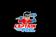 a logo for captain pool shows a superhero holding a scoop