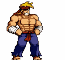 a pixel art illustration of a muscular man pointing at something