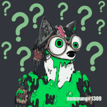 a cartoon drawing of a dog with green liquid coming out of its mouth and the number 1309