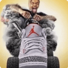 a man is riding a lawn mower made out of air jordan shoes .