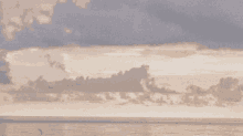 a bird flies over a body of water with clouds in the background