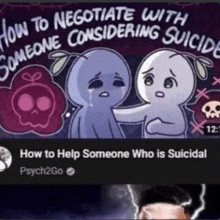 a cartoon of two people talking about how to negotiate with someone considering suicide